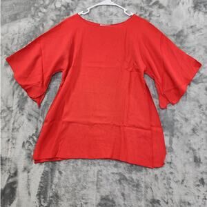 Vintage 70s Pastime Top Womens M Red Woven Side Slit Short Bell Sleeves Boho